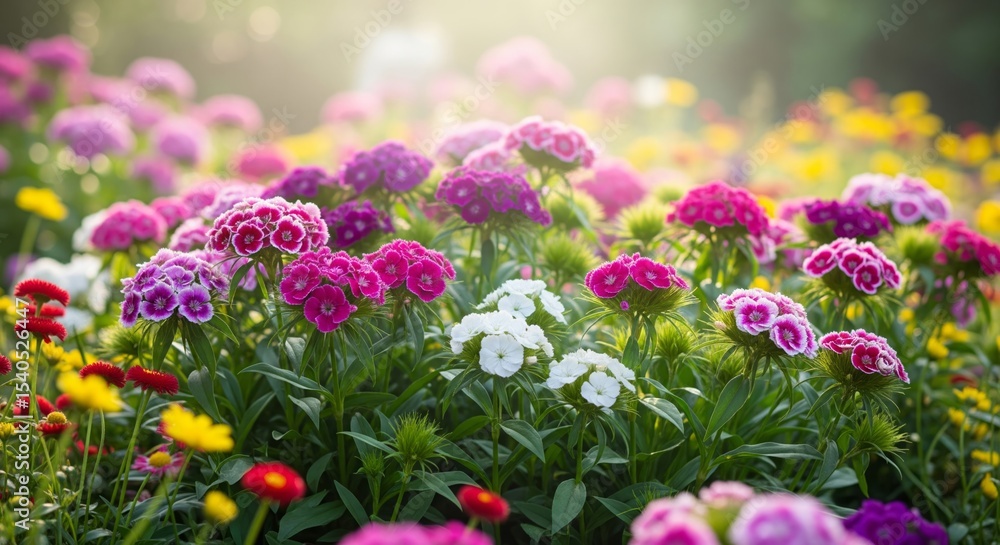 Obraz premium Colorful Sweet William Flower Garden in Spring Morning Light