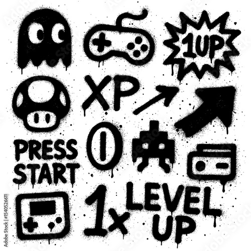 Retro Arcade Game Icons – Spray Paint Style Symbols with Transparent PNG Background