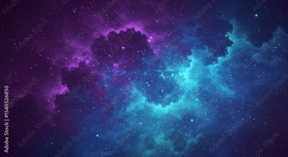 Fototapeta premium Seamless Abstract Cosmic Artwork with Swirling Clouds. Ethereal Universe Background in Purple Blue and Teal. Mesmerizing Digital Art of an Infinite Starry Expanse. Vibrant Abstract Space Theme