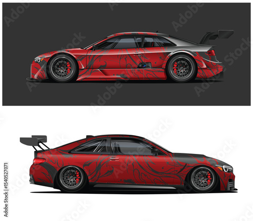 Red and Black Race Car Design with Abstract Graphics