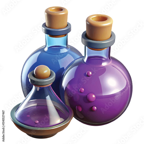 Magical 3D potion bottles illustration with glowing liquids perfect for fantasy games, spell designs, and magic content.
