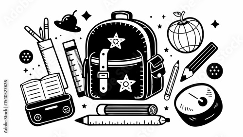 A whimsical back to school illustration featuring a starry backpack an apple globe and reading supplies ready for an