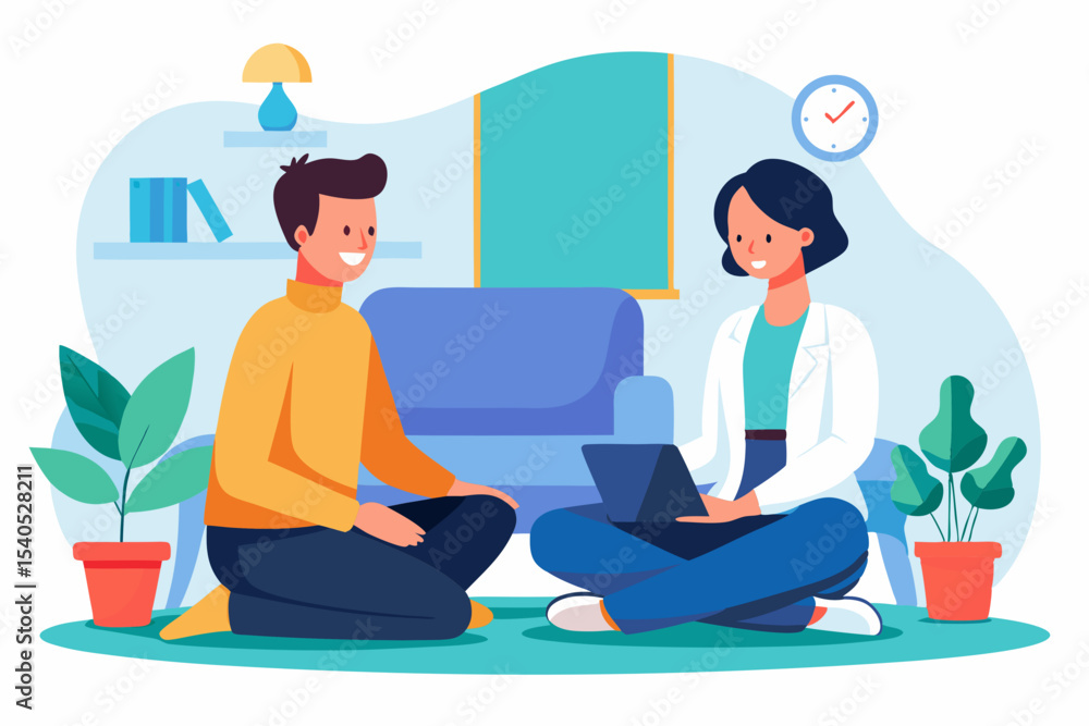 Therapist and patient sitting across each other during a therapy session Therapist and patient sitting across each other during a therapy session