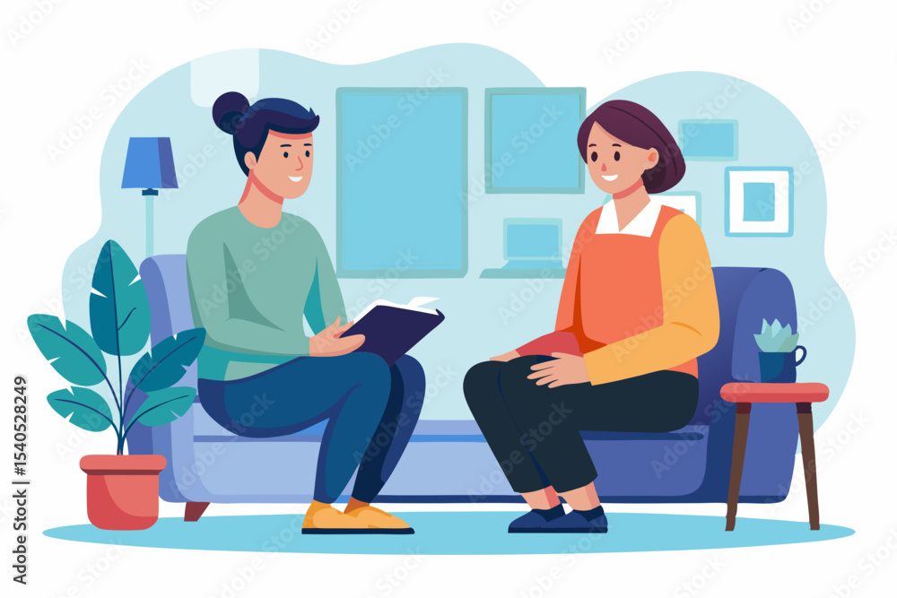 Therapist and patient sitting across each other during a therapy session Therapist and patient sitting across each other during a therapy session