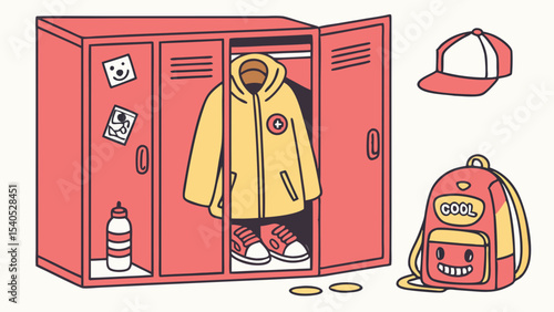School Locker Ready for the Day Featuring a Backpack Hat and Yellow Jacket with Uniform Color Scheme and Simple Line Art