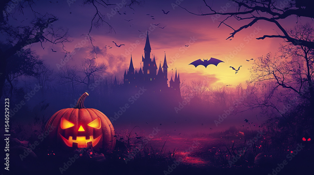 spooky Halloween scene featuring glowing pumpkin, dark castle, and bats flying in night sky spooky Halloween scene featuring glowing pumpkin, dark castle, and bats flying in night sky
