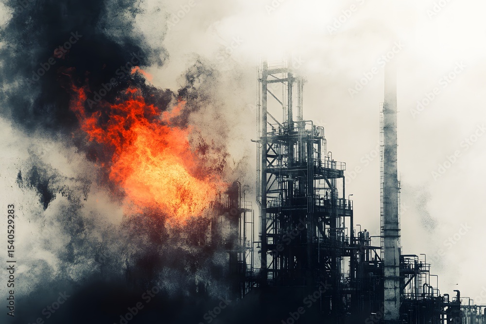 Obraz premium A conceptual image of the gas flare, where the light seems to drip and spill across the landscape, painting the industrial structures in fluid, organic forms.