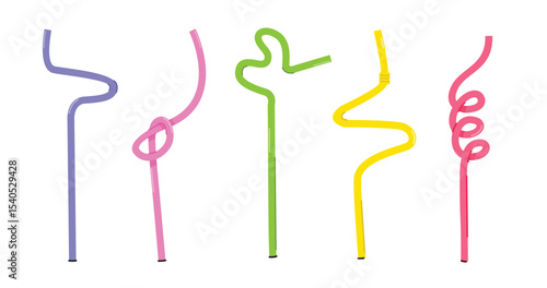 cute straw set in various colors, summer plastic utensils, drink accessories, flat illustration of discarded and destroyed filters