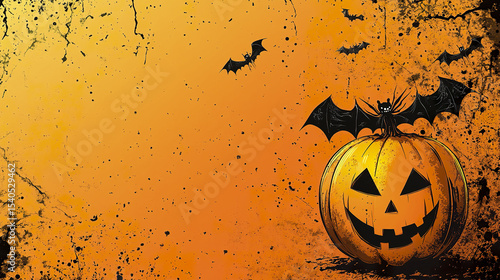 spooky Halloween scene featuring grinning pumpkin, bats, and orange background
