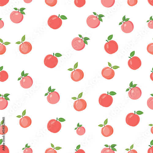 Seamless Vector Pattern of Pink Peaches with Green Leaves on White Background.