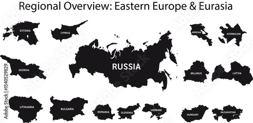 Silhouette Map Set of Eastern Europe and Eurasia Countries. EPS file.