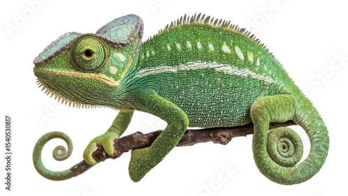 A close-up shot of a green chameleon perched on a small, dark brown branch against a pure white background. The chameleon is predominantly bright green with lighter green and white stripes running