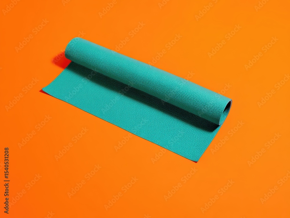 Obraz premium A rolled yoga mat in a bright teal color made of rubber rests on a bold orange background, creating an energetic atmosphere perfect for physical activities like yoga and meditation