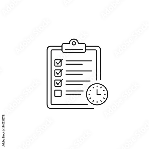 Task checklist icon with clock, time management concept, modern design, minimalistic style, black and white
