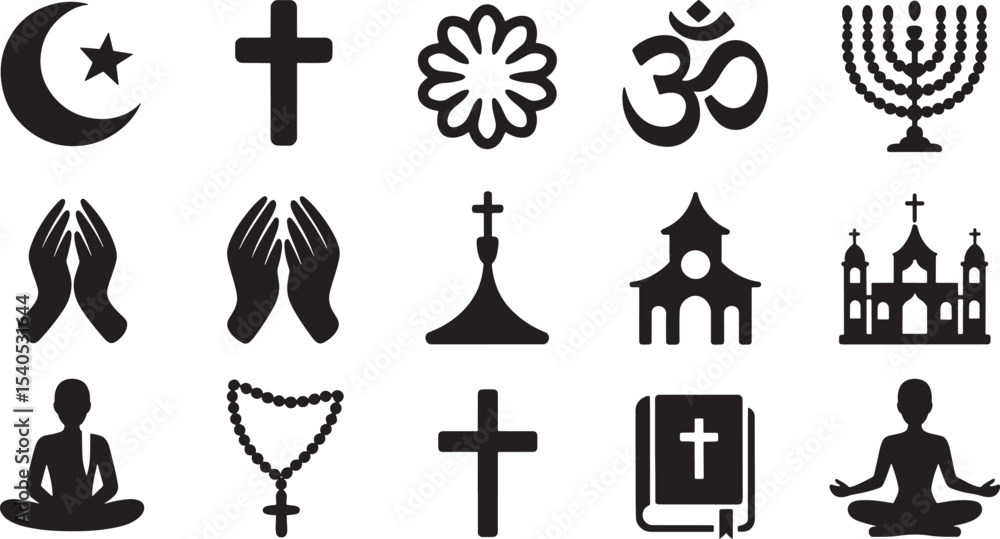 Naklejka premium Black Silhouette Icons Set Religious Symbols Prayer Yoga Om Cross Crescent