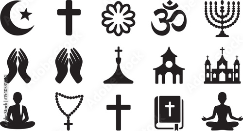 Black Silhouette Icons Set Religious Symbols Prayer Yoga Om Cross Crescent