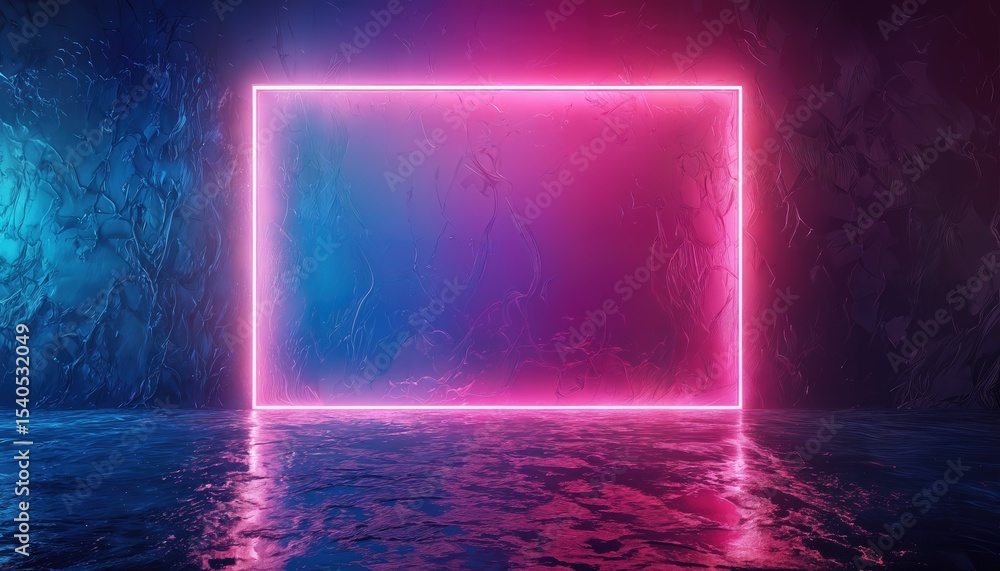 Obraz premium a vibrant neon pink square glows against a textured dark blue and purple wall, reflected on a wet, glossy floor creating a modern and atmospheric display.