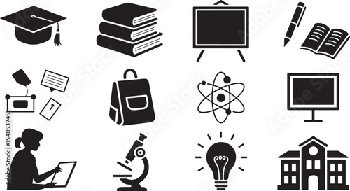 Ten Black Silhouette Education Icons Set white