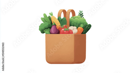 A digital illustration depicting a light brown paper bag overflowing with a variety of fresh vegetables.  The vegetables include carrots, broccoli florets, spinach leaves, a red tomato, 