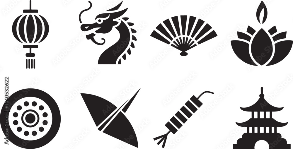 Naklejka premium Ten Black Silhouette Icons Asian Culture Symbols Lantern Dragon Fan