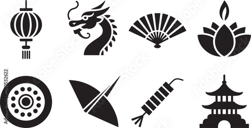 Ten Black Silhouette Icons Asian Culture Symbols Lantern Dragon Fan