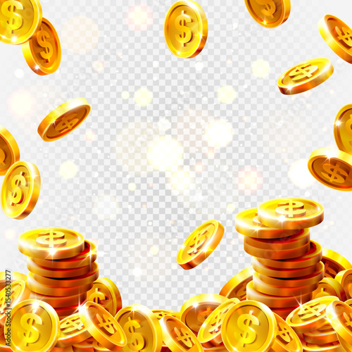 Realistic gold coin. Explosion of gold coins