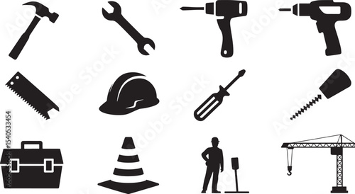 Ten Black Silhouettes Construction Tools Worker Crane