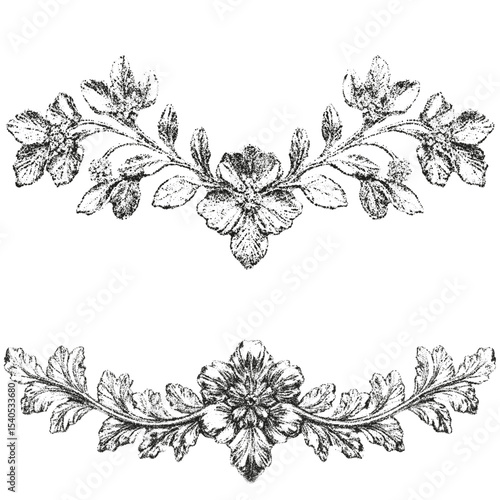 Antique floral ornament. Fine stippled effect. Vintage look.
