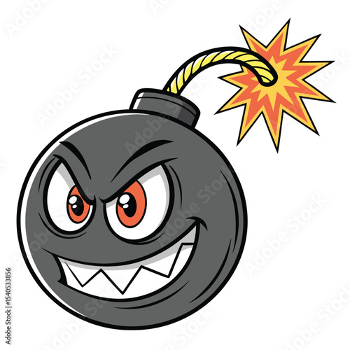 Cartoon Bomb Character Exploding with Orange Eyes and Grin