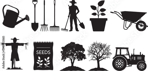Ten Black Silhouettes Gardening Farming Tools Plants Tractor
