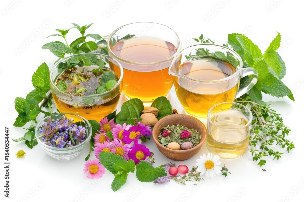 Herbal tea of mint, chamomile, rose hip and other herbs on white background Herbal tea of mint, chamomile, rose hip and other herbs on white background