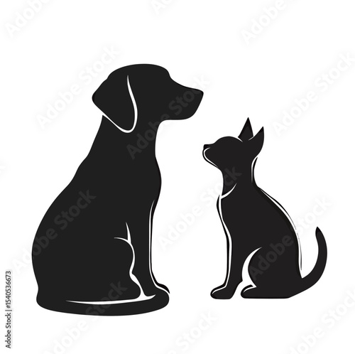 Silhouettes of a dog and a cat gazing at each other with a friendly demeanor.