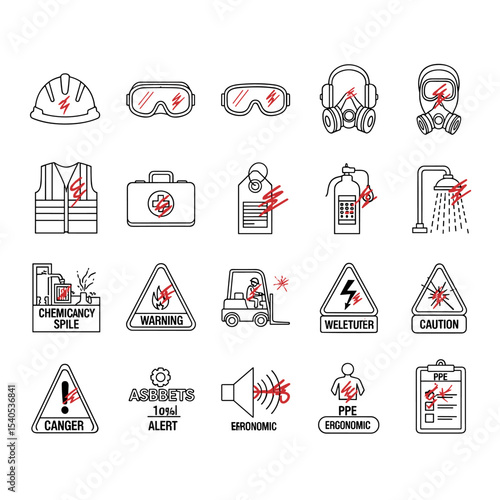 Safety Icon Set: A comprehensive collection of safety icons, outlining crucial safety measures and potential workplace hazards.  These line icons depict essential safety equipment and warning signs.