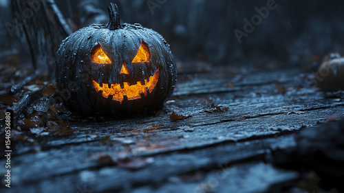 spooky Halloween pumpkin with glowing eyes sits wet wooden surface, creating eerie atmosphere
