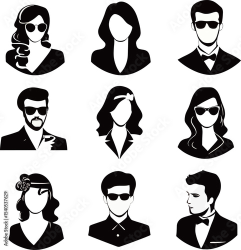 Stylized silhouettes of fashionable individuals in various poses and expressions.