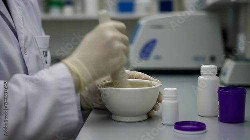 Compounding Pharmacy: Pharmacist Mixing Medicine in Mortar and Pestle - Pharmaceutical Compounding