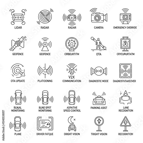 Tech Icons of Modern Vehicles: A collection of sleek, minimalist icons, showcasing various technological features within modern vehicles. Featuring lidar, radar, cameras.