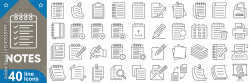 Notes icons set. Collection of 40 minimal line icons including notepad, document, checklist, sticky note, book, folder, paperclip, search and more. Editable stroke vector illustration