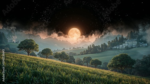 Cinematic fantasy landscapes with glowing hills, surreal sunsets, magical fields and futuristic elements, vibrant nature and dreamlike skies in stylized environmental scenes

