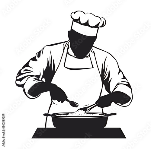 Black silhouette of a chef stirring ingredients in a pot.
