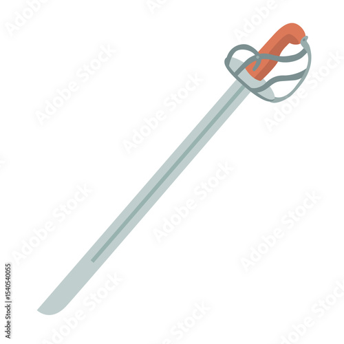 Basket hilted saber with a slightly curved blade. Flat style hand drawn vector illustration.