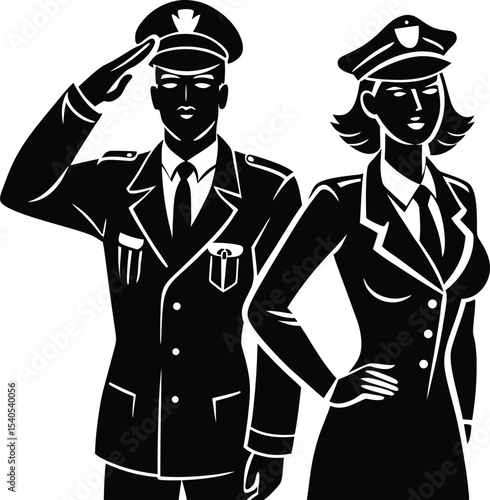 Military Man and Woman Saluting Together in Formal Uniforms