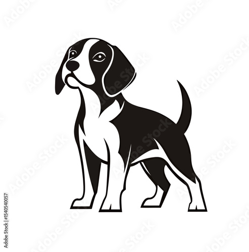 Stylized black and white illustration of a proud beagle standing alert.