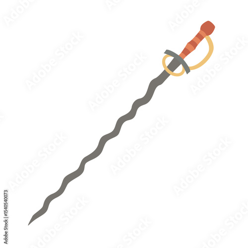 Flamberge sword with flame-like wavy blade and protective knuckle guard. Medieval weapon. Flat style hand drawn vector illustration.