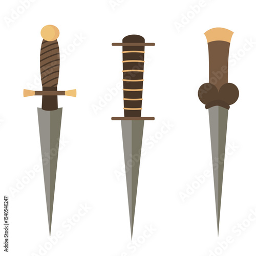 Set of three hand drawn dagger with different hilt designs. Includes rondel dagger, push dagger and classic dagger styles. Flat style hand drawn vector illustration. 