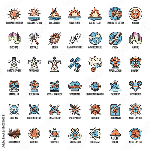 Solar Flare and Space Icons: A collection of detailed, colorful icons representing a variety of space phenomena, from solar flares to atmospheric activity.