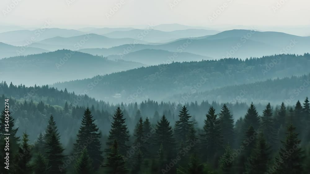 Misty Mountain Forest: Serene Evergreen Trees & Layered Peaks - Nature Scenery Misty Mountain Forest: Serene Evergreen Trees & Layered Peaks - Nature Scenery
