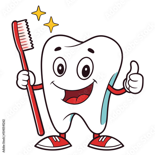 Happy Tooth Character Promoting Oral Hygiene  Smiling Cartoon Tooth with Toothbrush and Thumbs Up