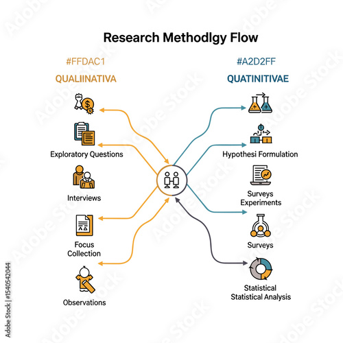 Research Methodology Flowchart: A visually engaging flowchart illustrating the key stages of a research methodology, color-coded to distinguish qualitative and quantitative approaches.