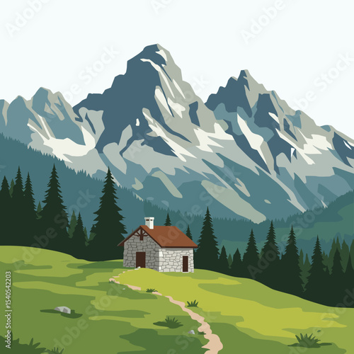 Vector illustration of the Pyrenees mountain landscape with pine trees, a stone house, grassy hills and a scenic trail under a clear sky
